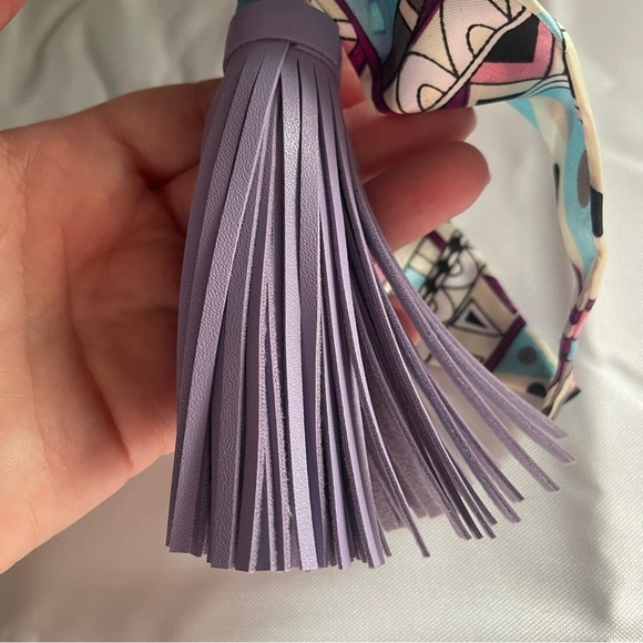 Classic Satin Scarf Tassel Faux Leather Key Chain Pendant Bag Charm Twilly - Picture 3 of 7